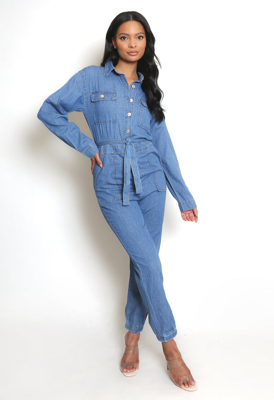 Tie Waist Denim Boilersuit