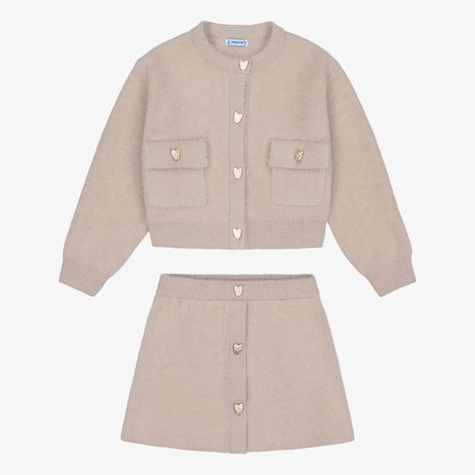 Mayoral Girls Beige Fluffy Knit Skirt Set