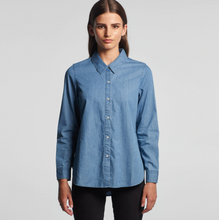 Load image into Gallery viewer, Denim Long sleeve button up shirt  on model | front view
