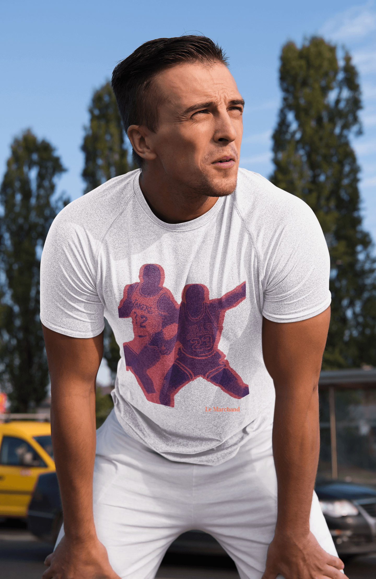 Man standing wearing white t-shirt