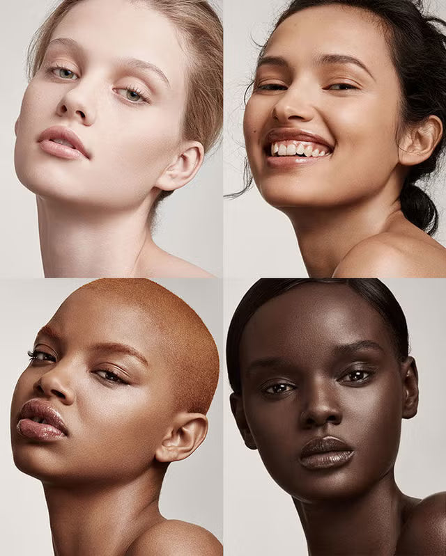 Three women of different skin types. White Brown and dark skin model. 