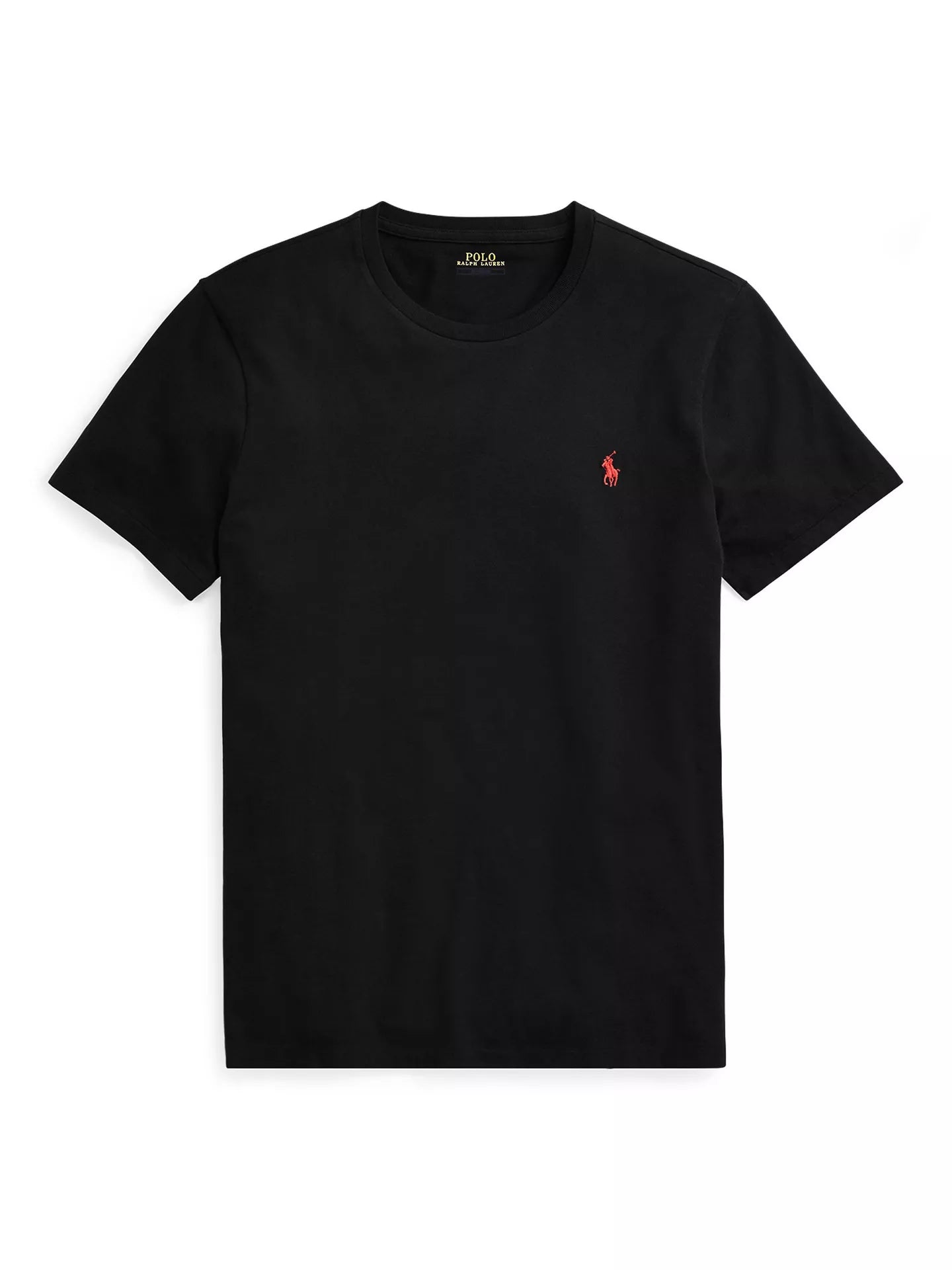 A black short-sleeve crewneck t-shirt with the iconic red embroidered Polo pony logo on the left chest, displayed against a clean white background.
