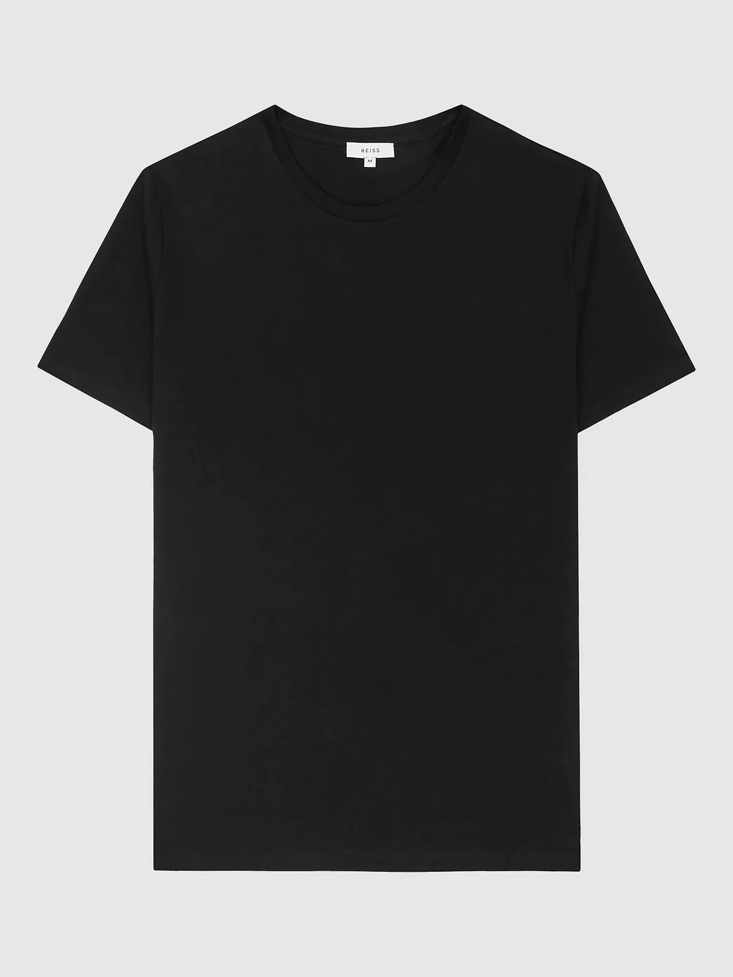 A classic black short-sleeve crewneck t-shirt displayed flat against a light gray background.