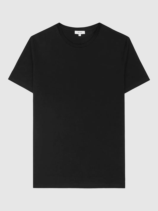 A classic black short-sleeve crewneck t-shirt displayed flat against a light gray background.