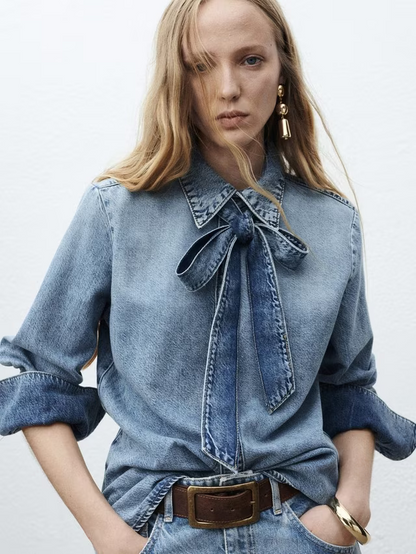 Mango Lana Tie Neck Denim Shirt