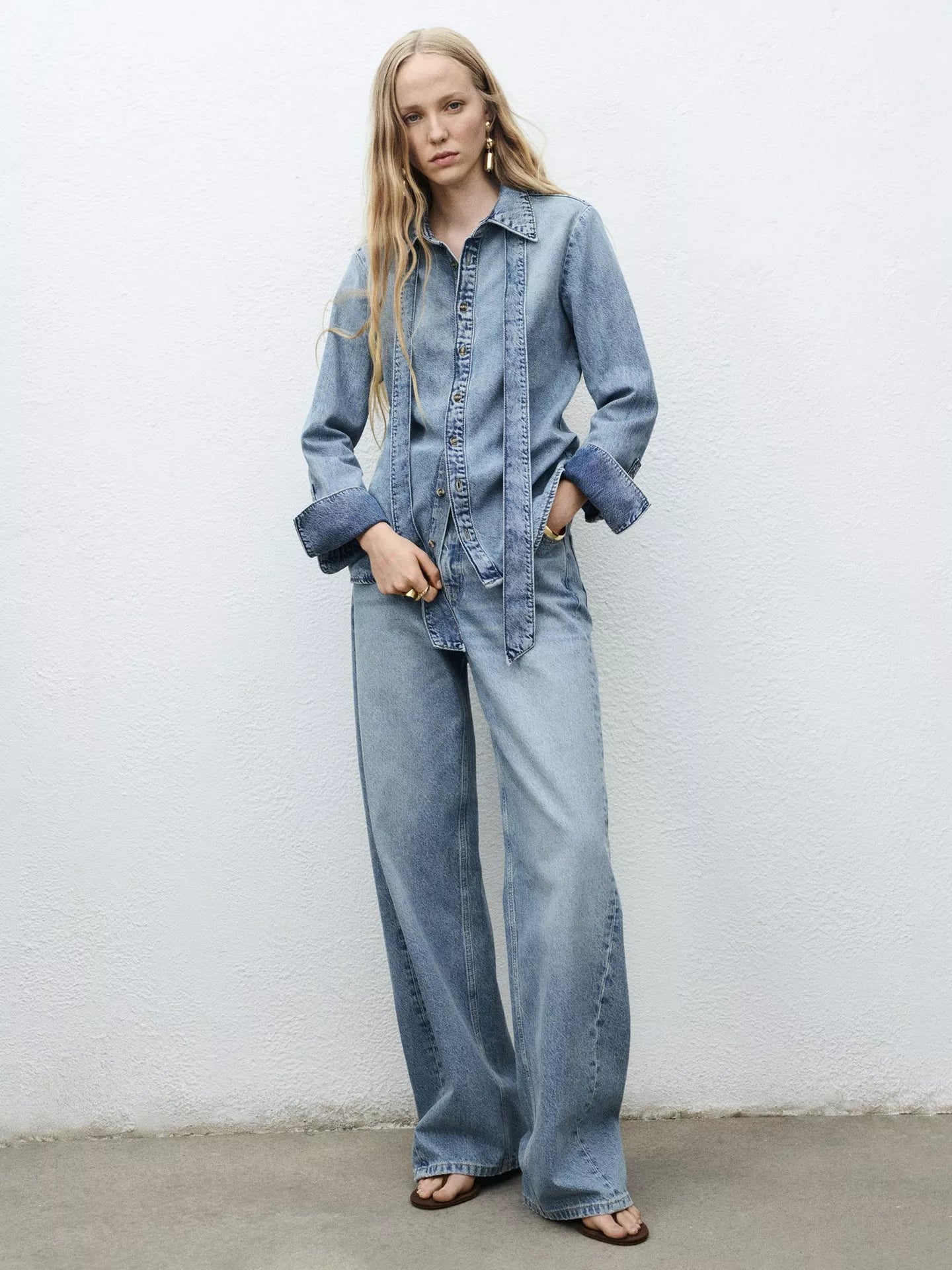 Mango Lana Tie Neck Denim Shirt