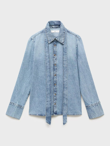 Mango Lana Tie Neck Denim Shirt