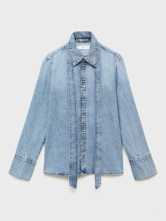 Mango Lana Tie Neck Denim Shirt