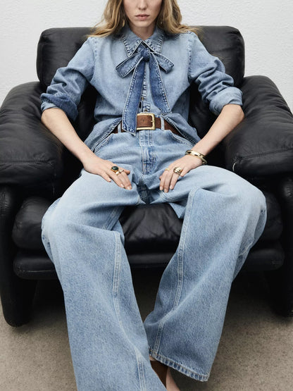 Mango Lana Tie Neck Denim Shirt