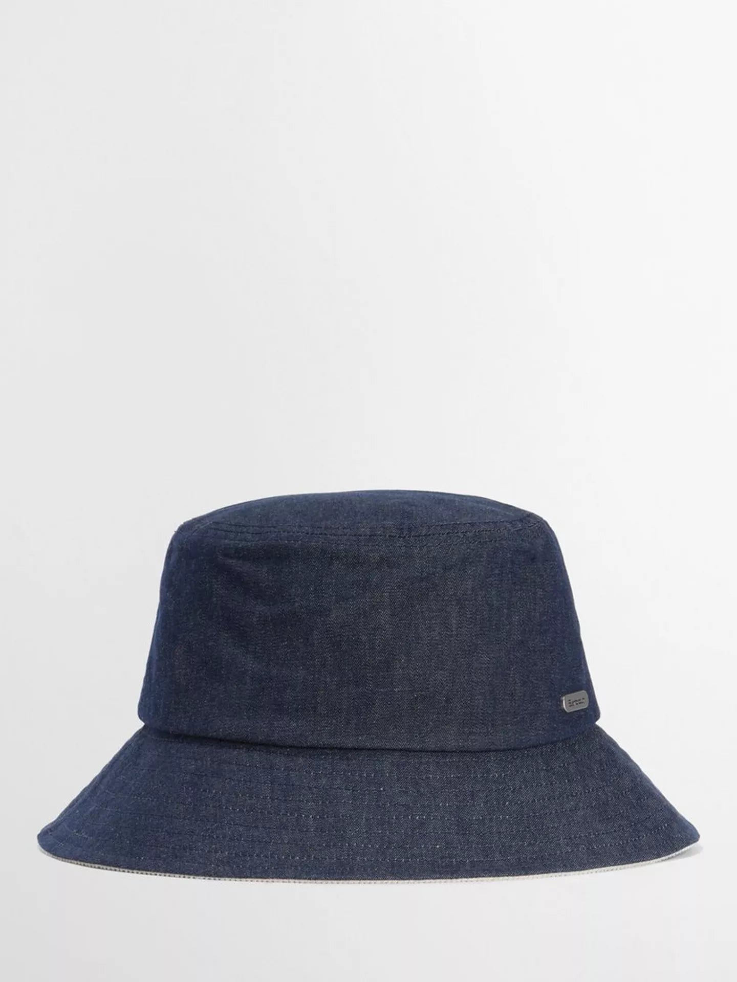A dark navy blue bucket hat made of textured fabric, shown from the front against a plain white background.