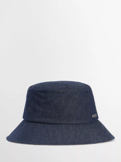 A dark navy blue bucket hat made of textured fabric, shown from the front against a plain white background.