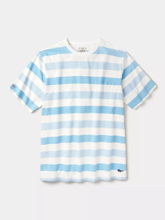 A short-sleeve crewneck t-shirt with horizontal light blue and white stripes, featuring a small chest pocket and a small embroidered logo near the bottom hem.