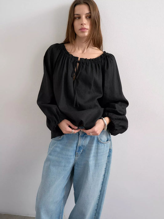Topshop Tie Neck Linen Rich Top