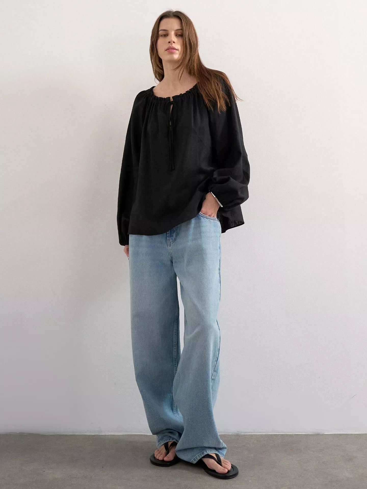 Topshop Tie Neck Linen Rich Top
