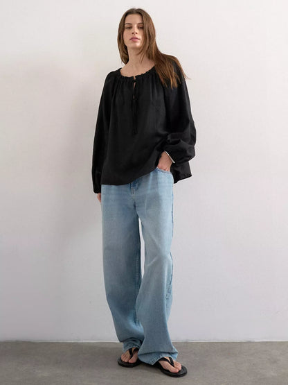 Topshop Tie Neck Linen Rich Top