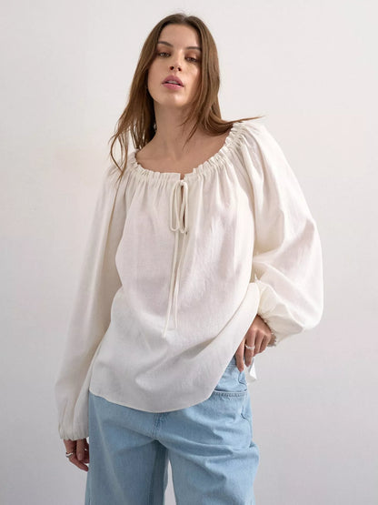 Topshop Tie Neck Linen Rich Top