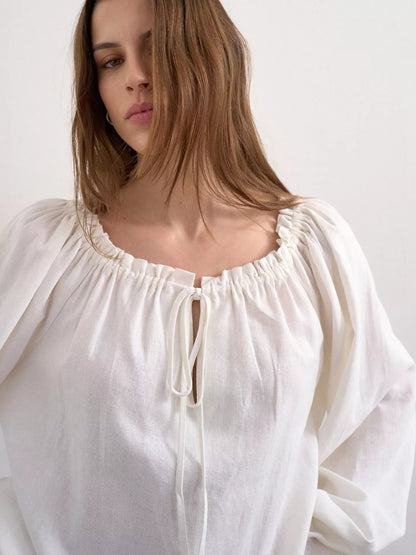 Topshop Tie Neck Linen Rich Top