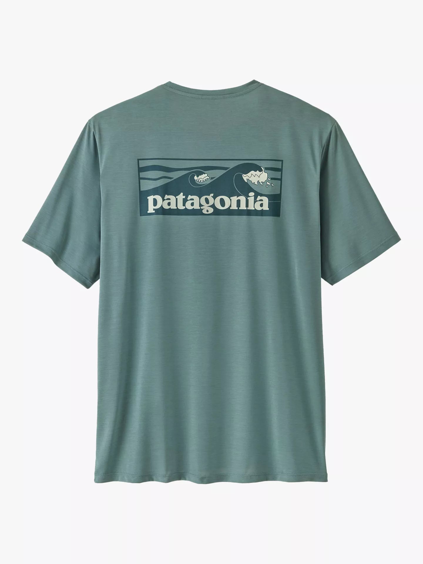 A Patagonia short-sleeve t-shirt in a muted sage green color, featuring the brand's classic wave logo and 'patagonia' text printed across the chest.