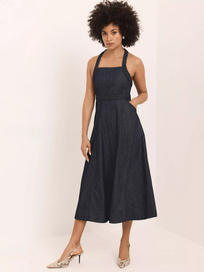 Mint Velvet Denim Halterneck Midi Dress