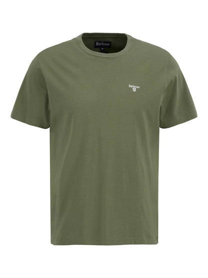 An olive green short-sleeve crewneck t-shirt by Barbour, featuring a small white embroidered logo on the left chest, displayed on a clean white background.