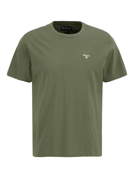 An olive green short-sleeve crewneck t-shirt by Barbour, featuring a small white embroidered logo on the left chest, displayed on a clean white background.