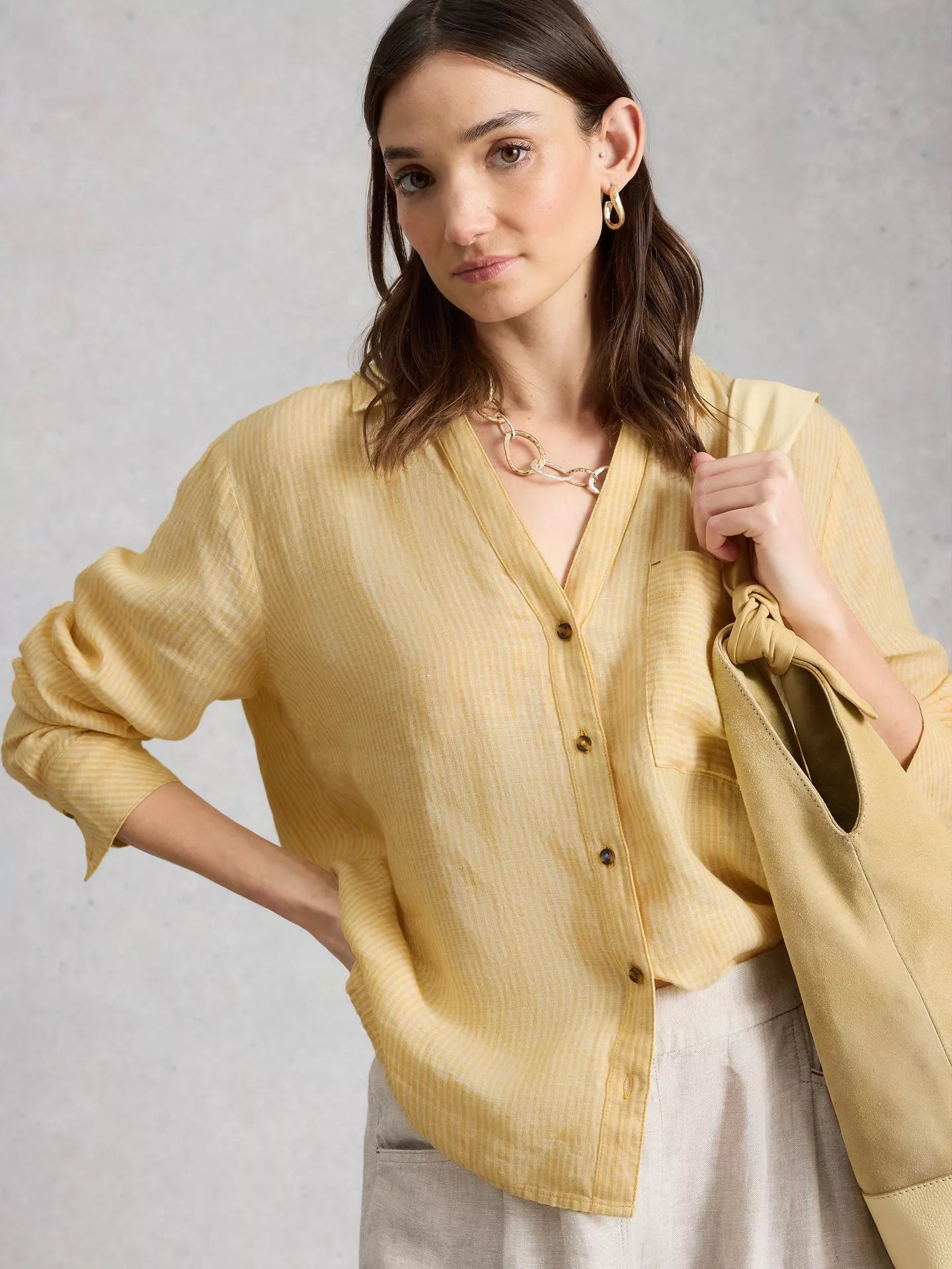 White Stuff Sadie Linen Shirt, Yellow/Multi