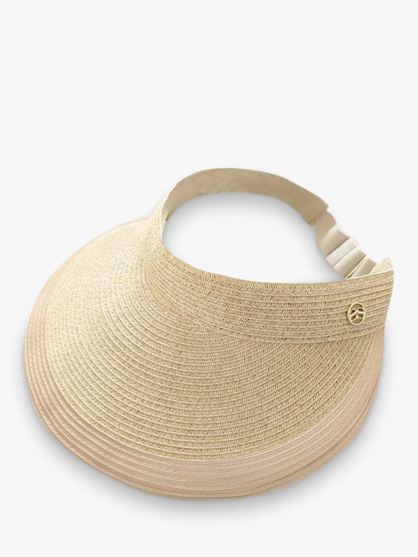 A light beige woven sun visor hat with an adjustable fabric headband and a small gold-tone logo button on the side, shown against a plain white background.