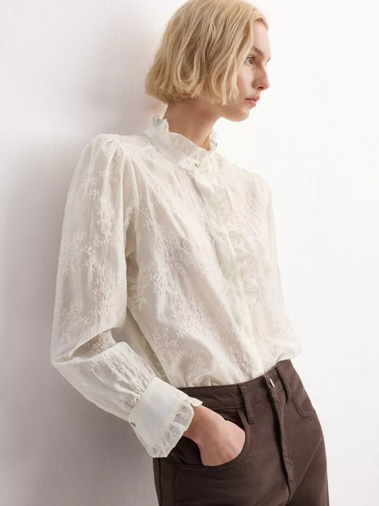 Mango Embroidered Mandarin Collar Blouse