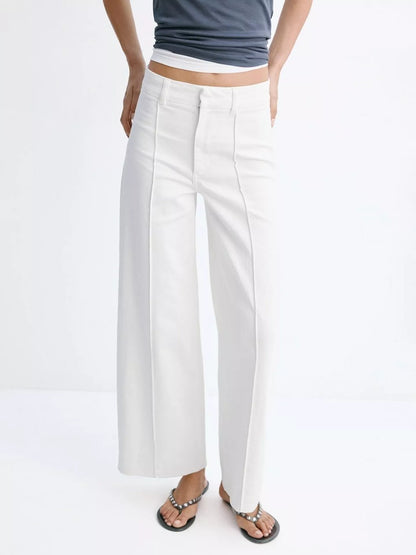 A person wearing white wide-leg cropped pants with a white top and black sandals, shown from the waist down against a plain white studio background.