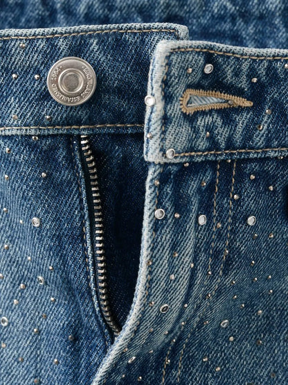 Mango Rhinestone Embellished Denim Mini Skirt