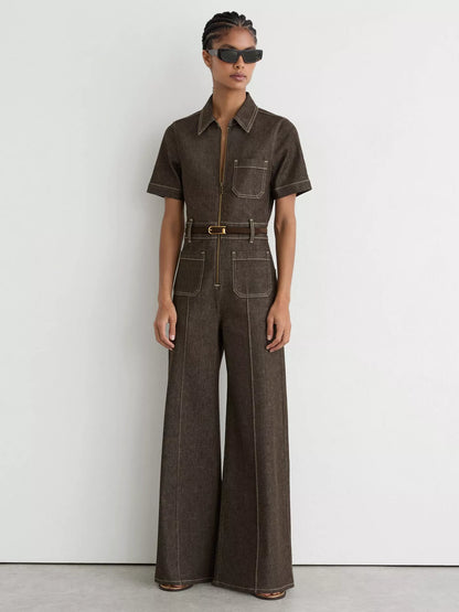Reiss Danie Short Sleeve Denim Jumpsuit