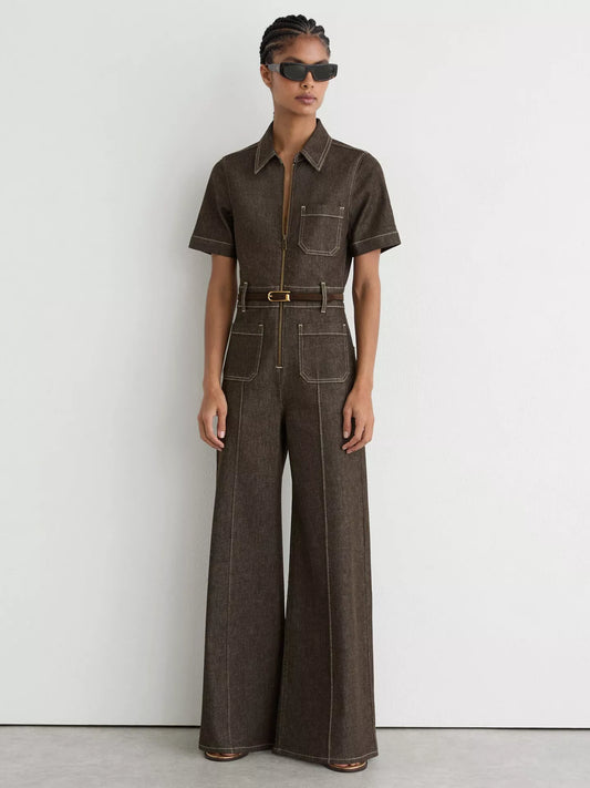 Reiss Danie Short Sleeve Denim Jumpsuit