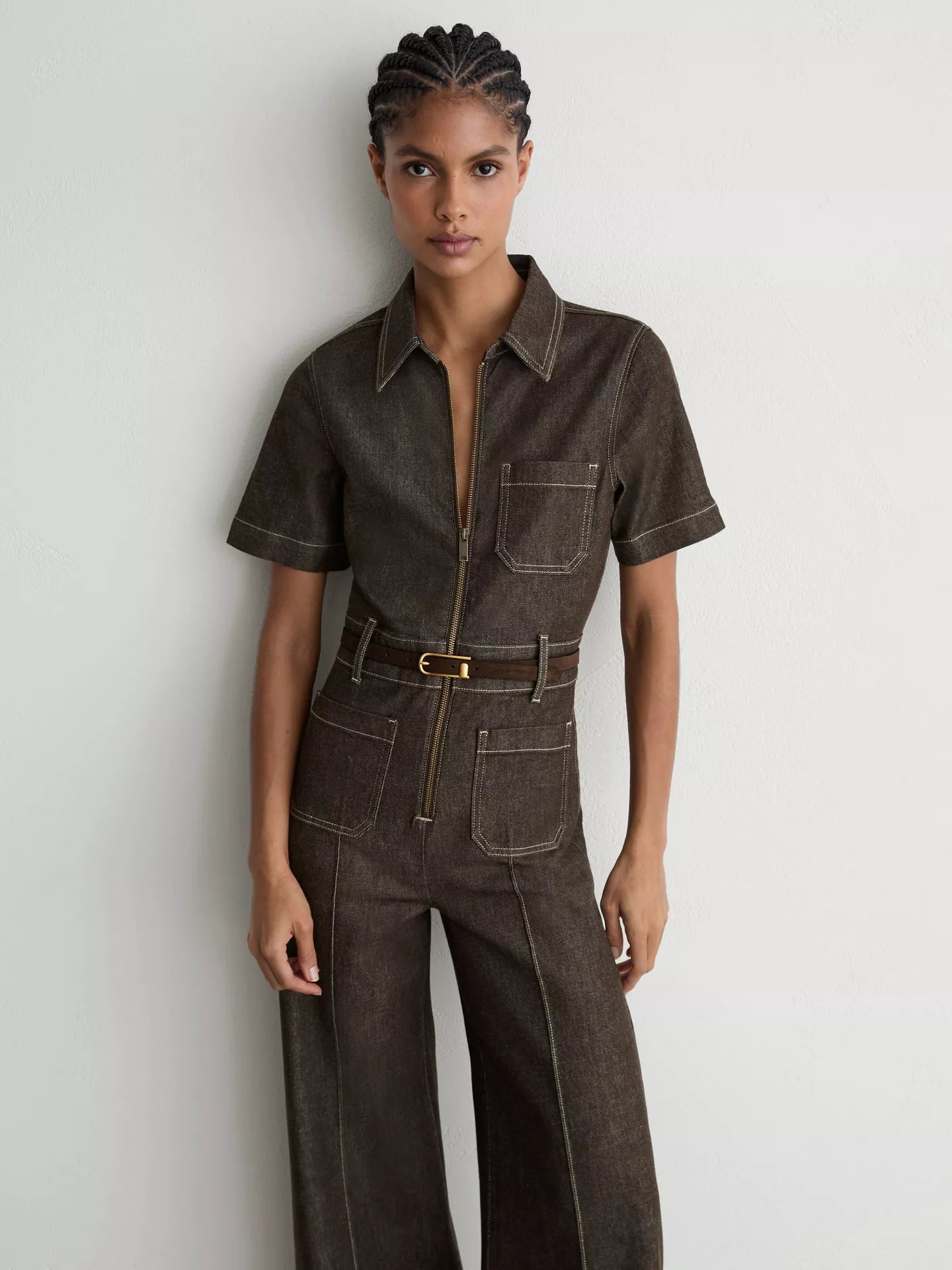 Reiss Danie Short Sleeve Denim Jumpsuit