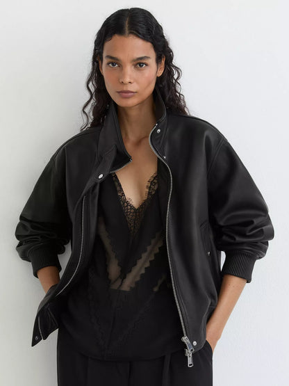 Reiss Cara Leather Bomber Jacket