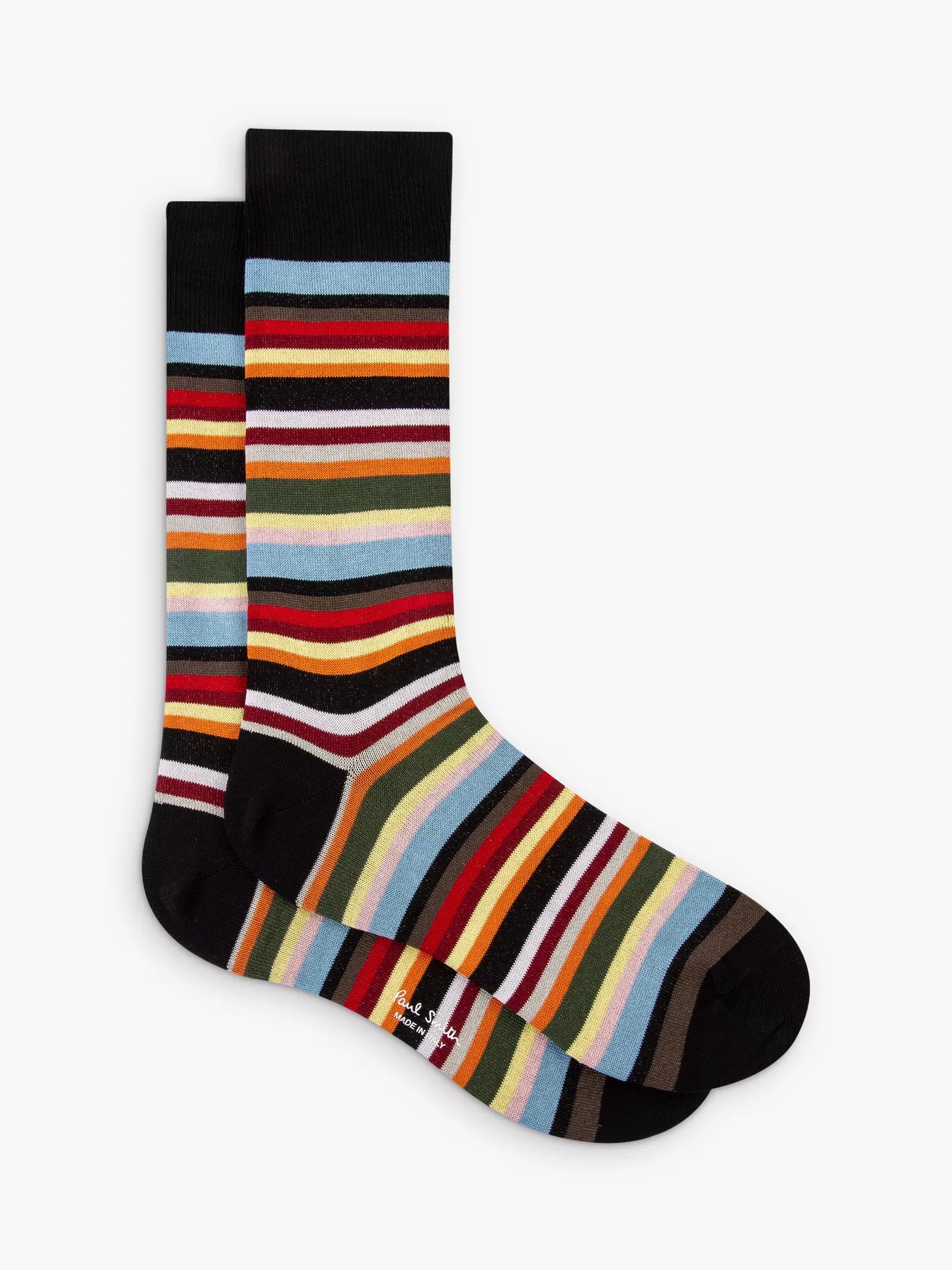 A pair of Paul Smith crew socks featuring a multicolor horizontal stripe pattern on a black base, displayed against a solid white background.