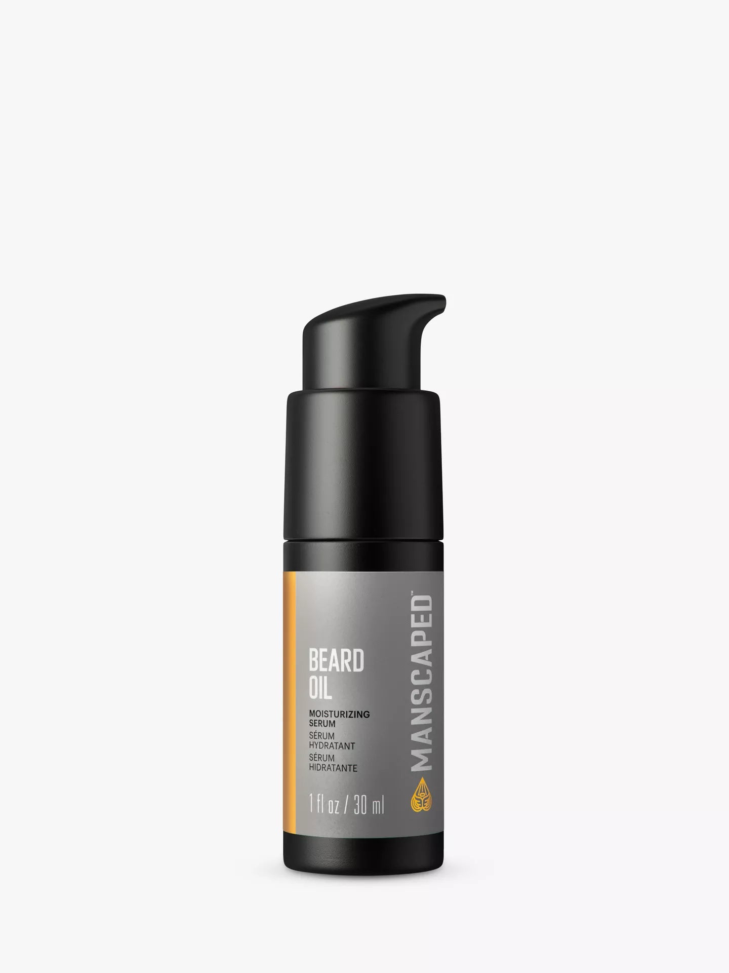 Manscaped Beard Oil in a black pump bottle with a gray and gold label, shown on a clean white background.