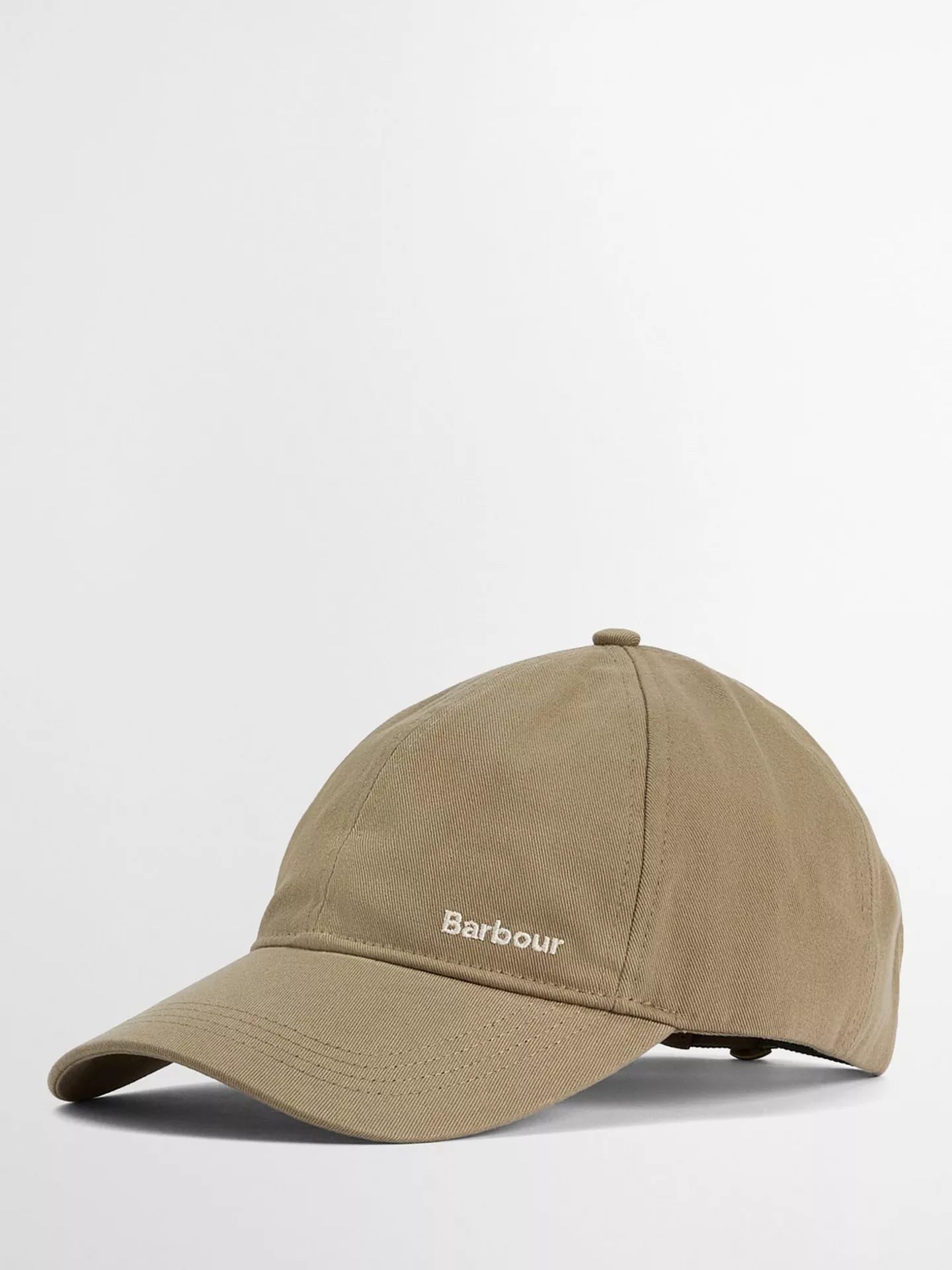 A khaki-colored Barbour baseball cap with white embroidered branding on the front, set against a plain light gray background.