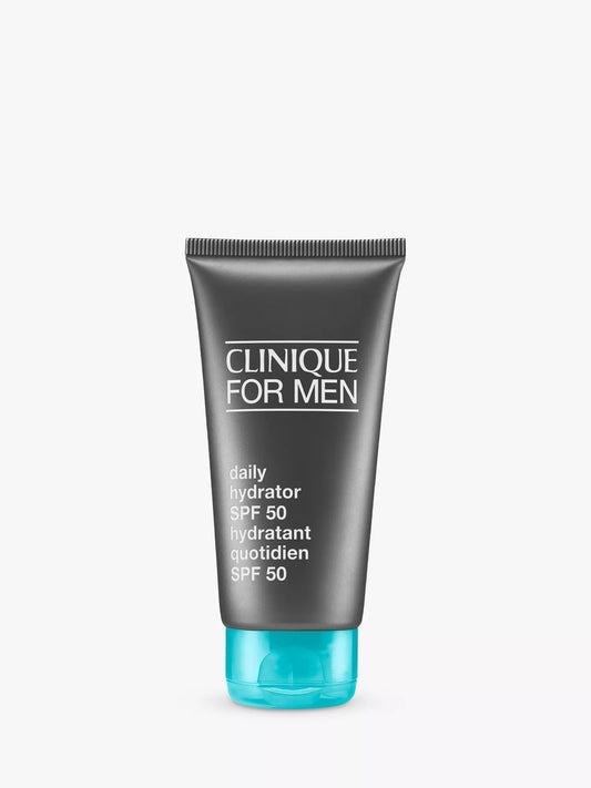 Clinique For Men Daily Hydrator SPF 50 sunscreen in a dark gray squeeze tube with a bright turquoise cap, centered on a light gray background.