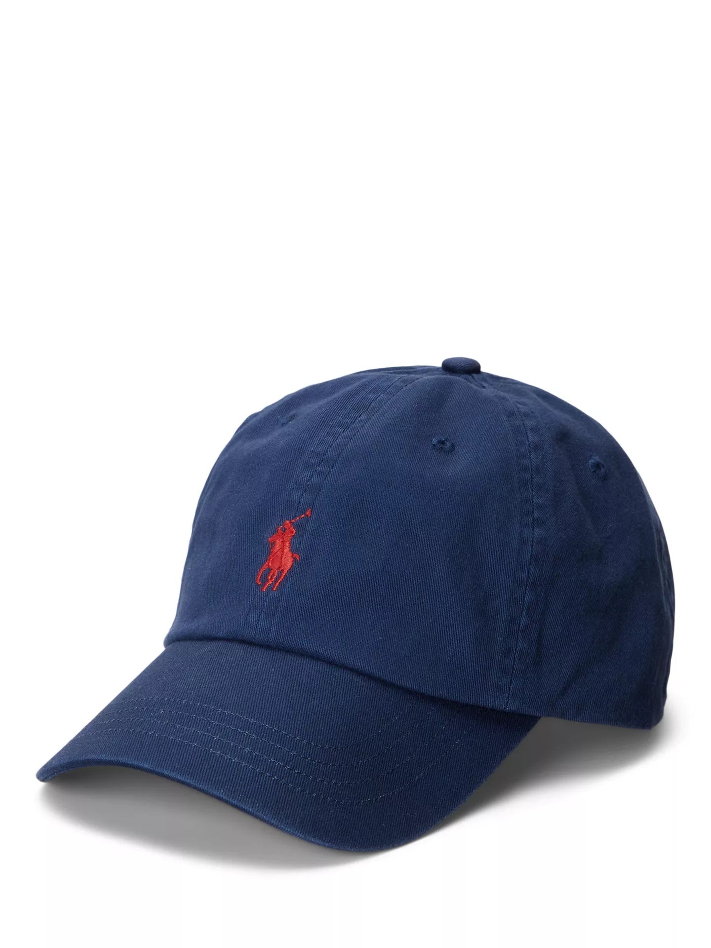 A navy blue cotton baseball cap featuring the iconic red embroidered Polo pony logo on the front, set against a plain white background.