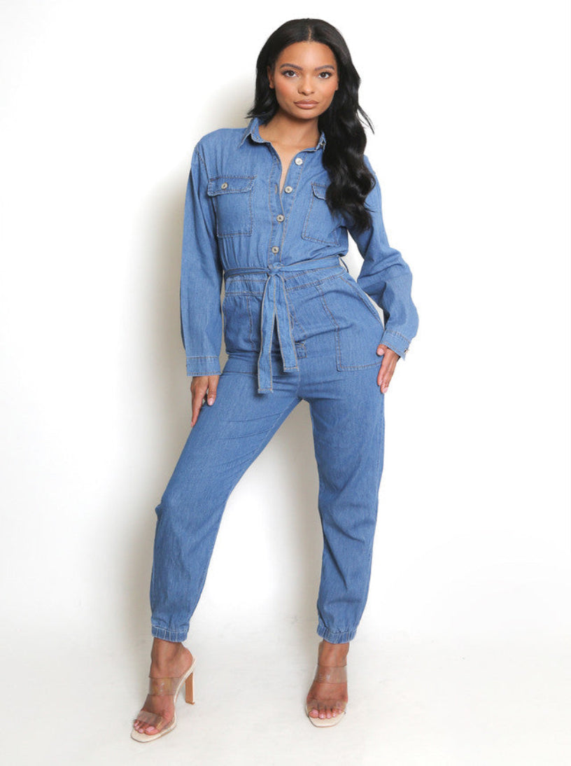 Tie Waist Denim Boilersuit