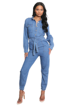 Load image into Gallery viewer, Tie Waist Denim Boilersuit
