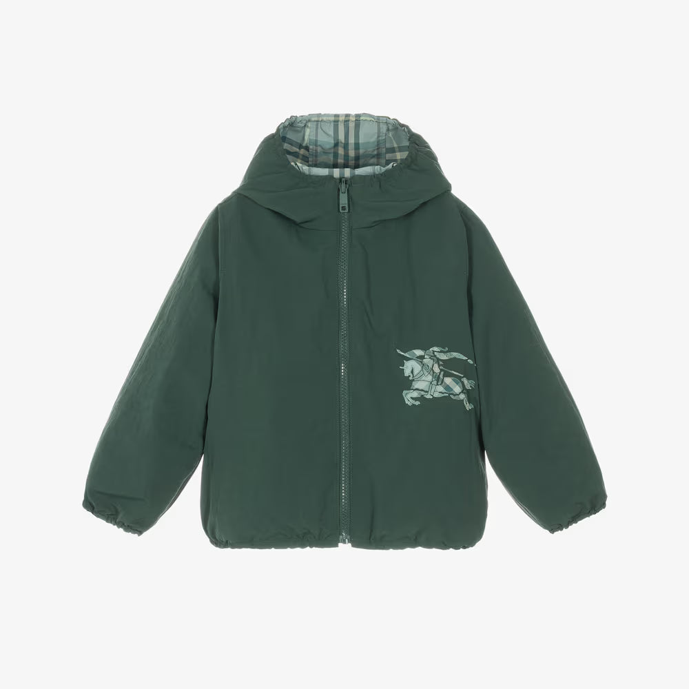 A dark green hooded puffer jacket with a front zipper, featuring a light green embroidered knight graphic on the left chest and a plaid lining visible inside the hood, set against a plain light gray background.