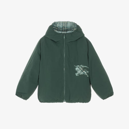 A dark green hooded puffer jacket with a front zipper, featuring a light green embroidered knight graphic on the left chest and a plaid lining visible inside the hood, set against a plain light gray background.