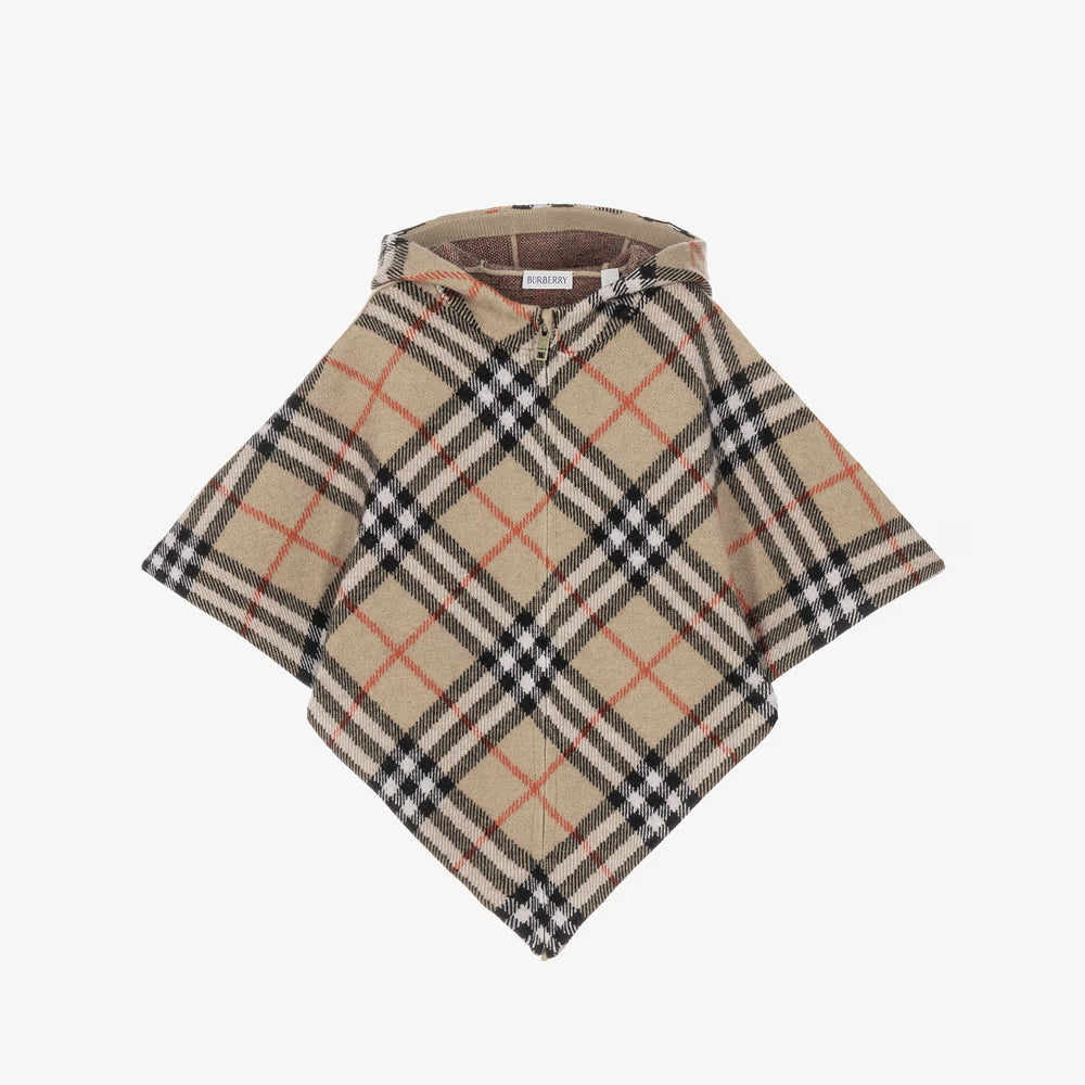 A classic Burberry plaid hooded poncho in beige, black, white, and orange, shown flat against a light gray background.