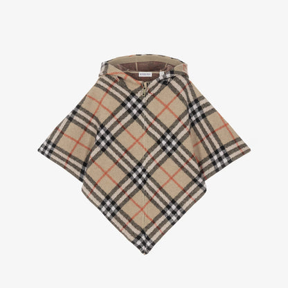 A classic Burberry plaid hooded poncho in beige, black, white, and orange, shown flat against a light gray background.