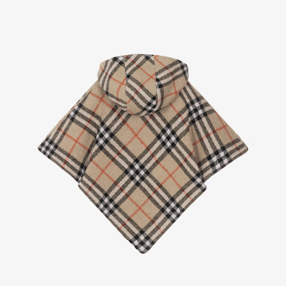 Burberry Girls Beige Check Hooded Wool Cape