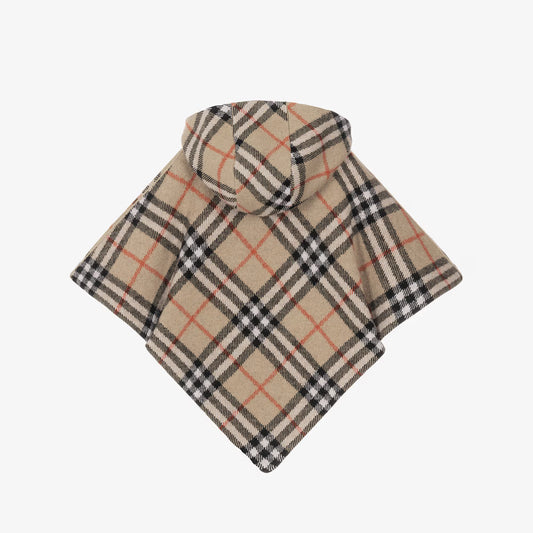 Burberry Girls Beige Check Hooded Wool Cape