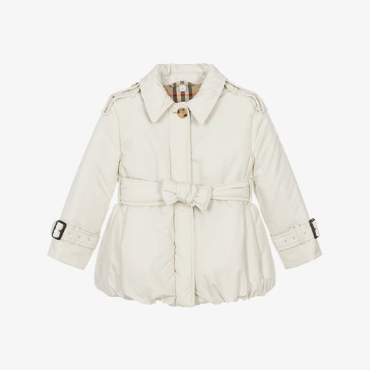 A cream-colored Burberry children's trench coat with a matching waist tie belt, shown against a plain white background.