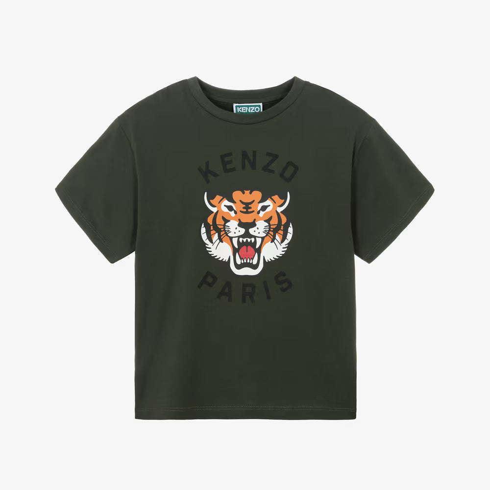 A dark olive green short-sleeve t-shirt by Kenzo, featuring a large graphic of a tiger's head with white wings and the text 'KENZO PARIS' printed in black on the front.