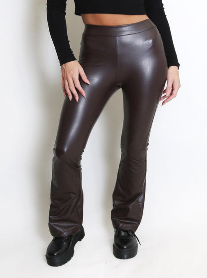 Faux Leather Flare Legging (Brown)